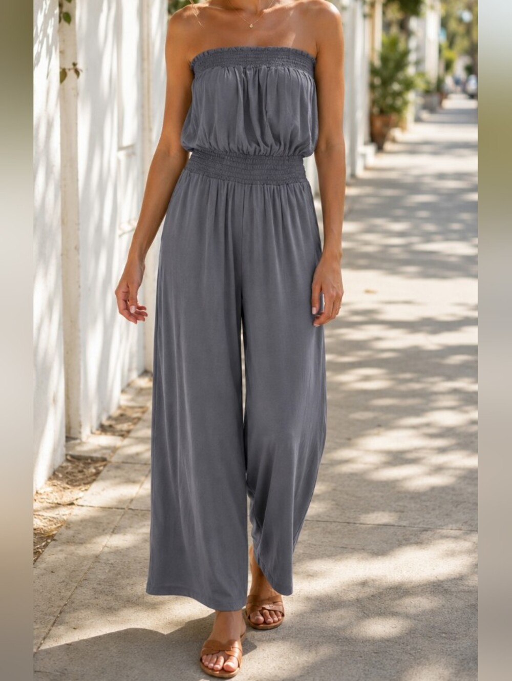 Xhilaration Strapless Wide-Leg Jumpsuit Charcoal Gray Smocked Waist Flowy Casual